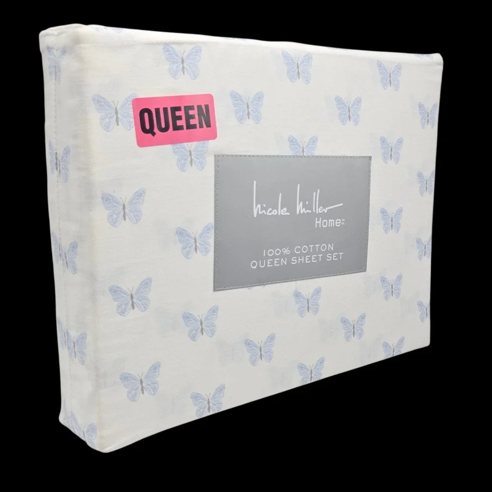 Nicole‎ Miller Queen Sheet Set of 4pc White Blue Butterfly Print 100% Cotton